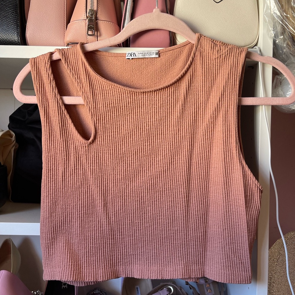 Zara Women's Coral Ribbed Cut-Out Muscle Tee